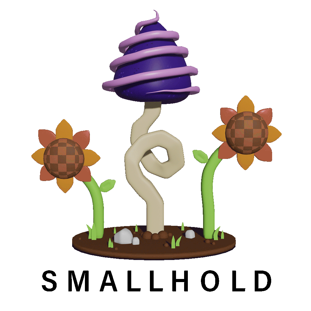 3D looping animation of psychadelic flowers and mushrooms on a patch of dirt with text below that reads smallhold
